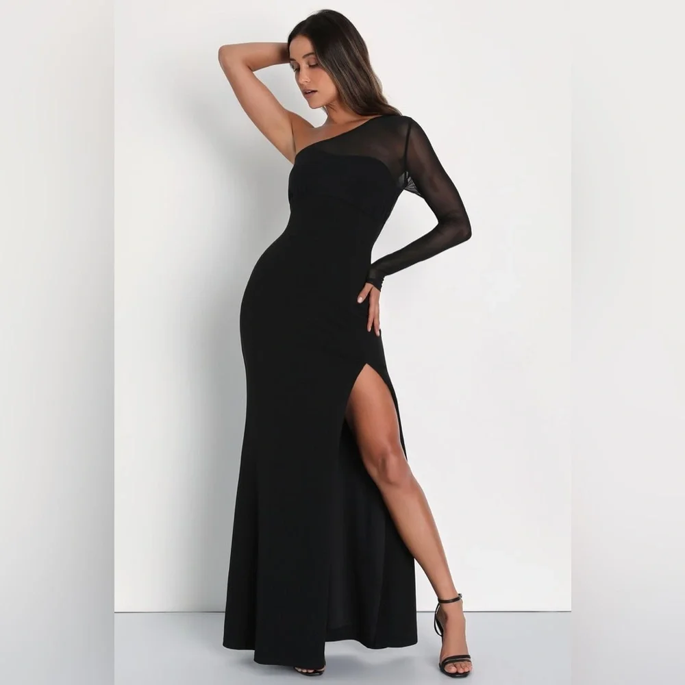 Lulus Stunning Essence One Shoulder Mermaid Maxi Dress Large Black Slit Mesh NWT - Picture 1 of 12